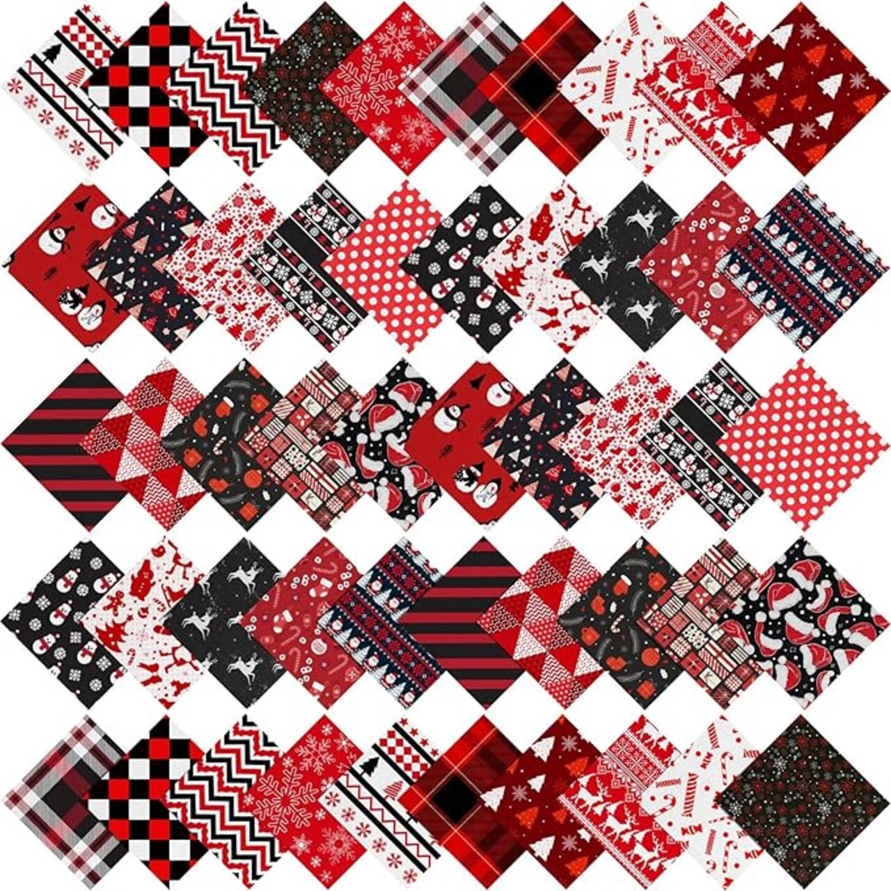 50 Pcs 5 x 5 Inches Christmas Precut Fabric Squares Black Red Cotton Craft Fabric Fat Quarters Snowman Santa Snowflake Fabric Scraps Bundles for Xmas DIY Craft Patchwork Sewing Quilting